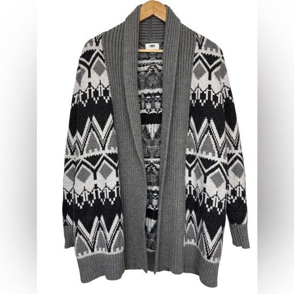 Old Navy Gray Black White Aztec Fair Isle Open Front Cardigan Sweater Medium - Picture 1 of 9